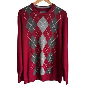Saddlebred Argyle Sweater Mens XL Red Grey Crewneck Pullover Preppy Golf EUC